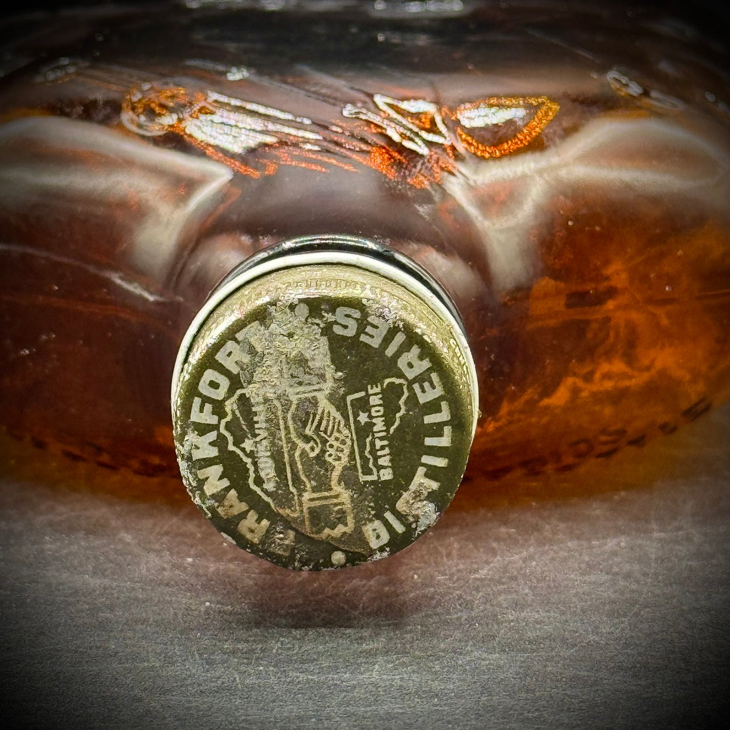 Vintage Amber Colonial Motif Glass Whiskey Bottle
