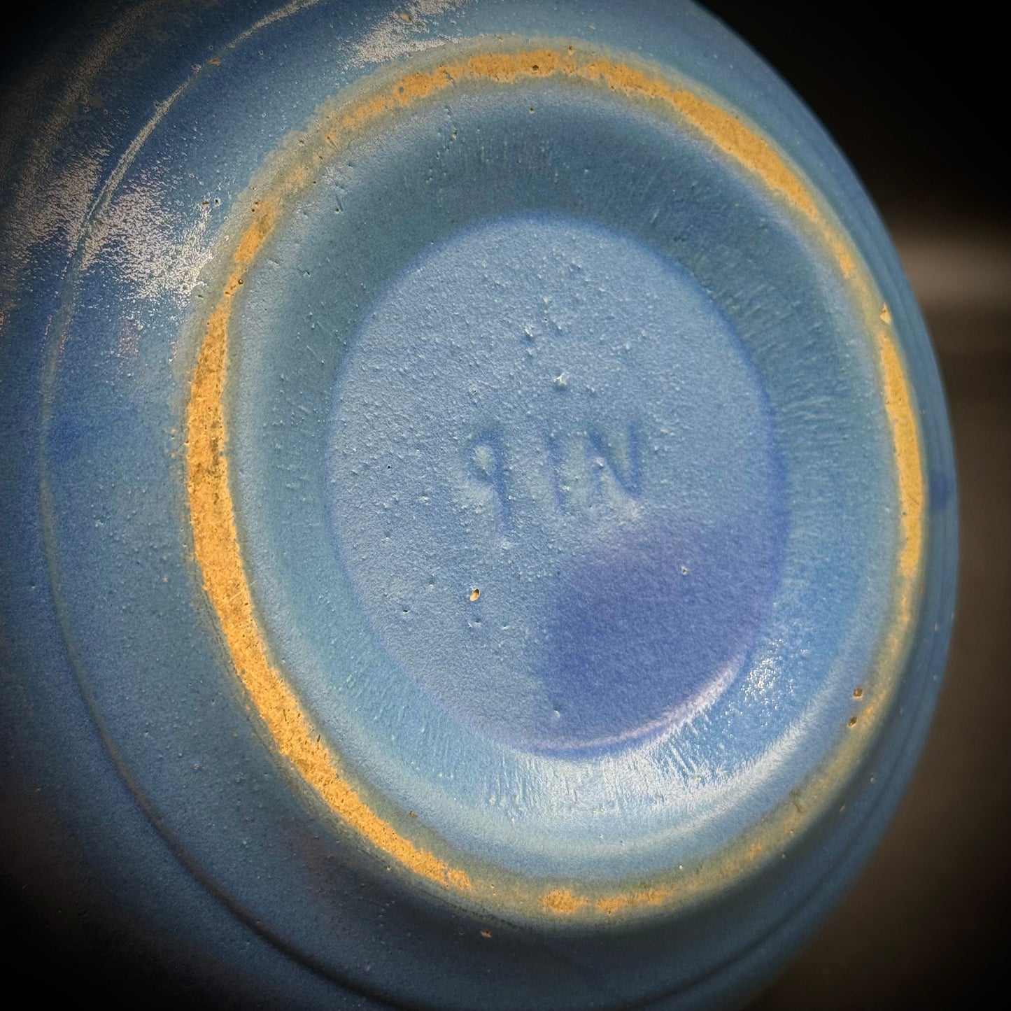 Antique Blue Stoneware Bowl with Geometric Accents