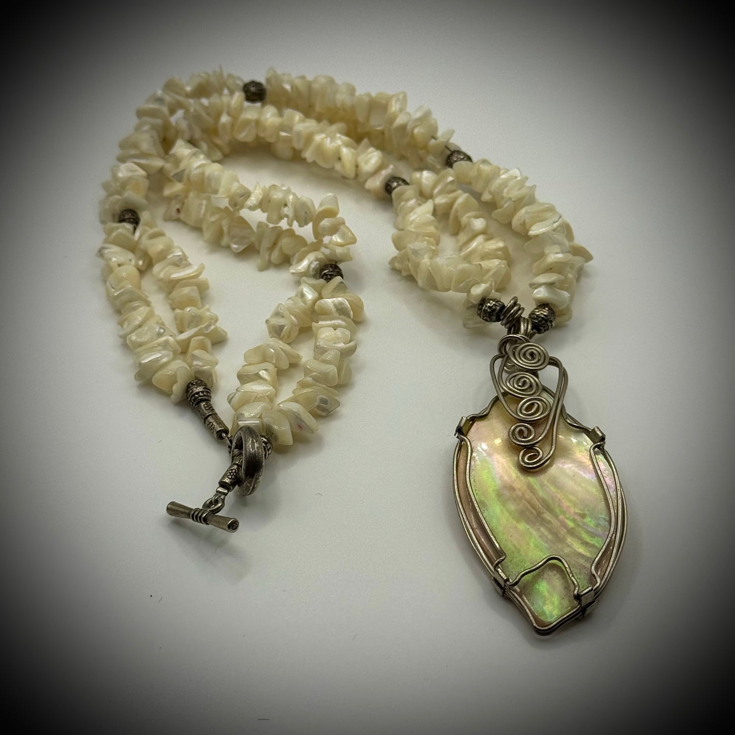Mother of Pearl and Abalone Double Strand Pendant Necklace