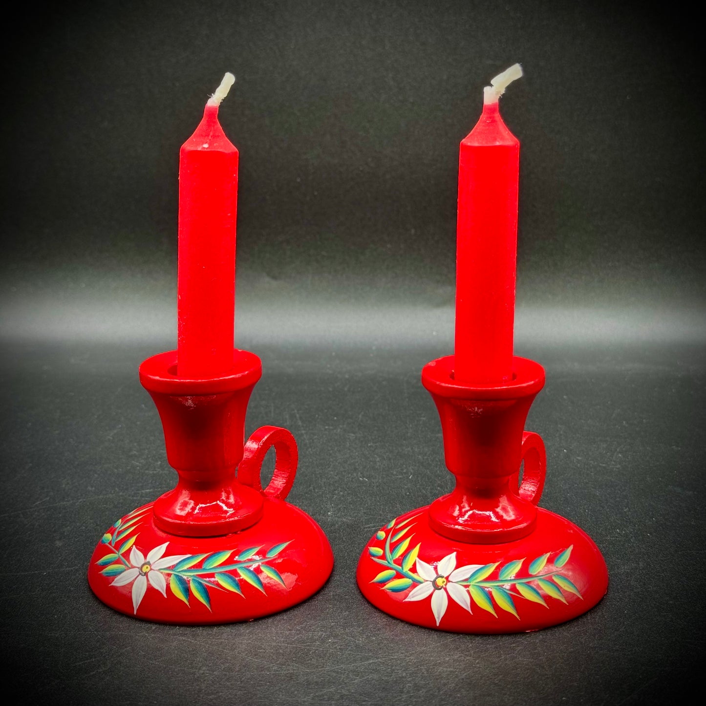 Vintage Hand Painted Swedish Red Candle Holders w/Handles