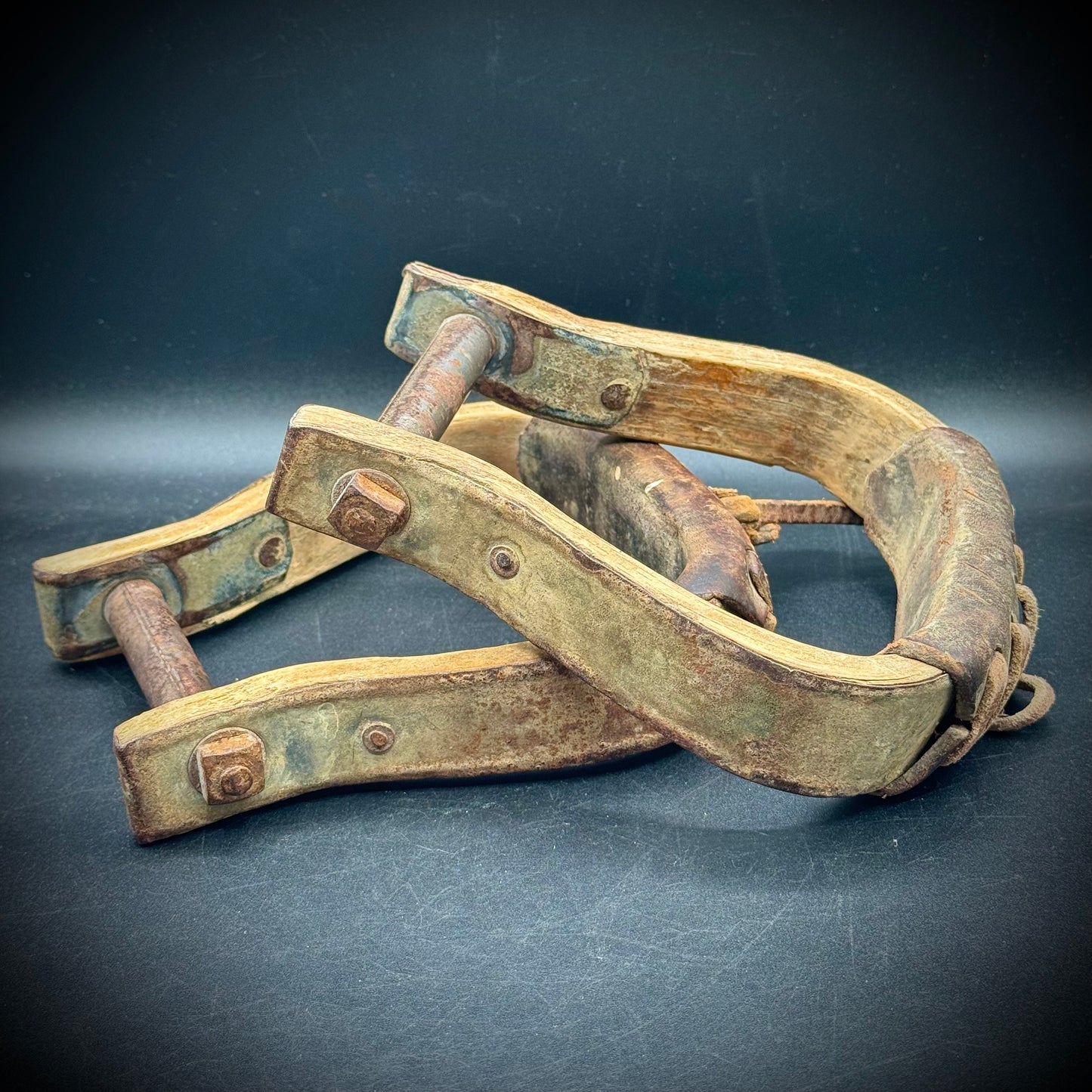 Antique Pair of Wood, Leather & Metal Stirrups