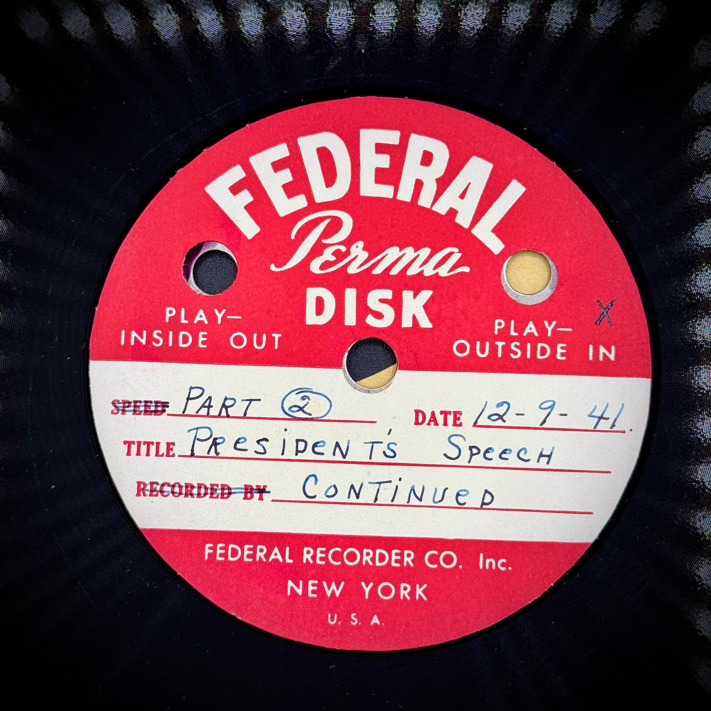 Original 1941 Record Recording - FDR Pearl Harbor Speech