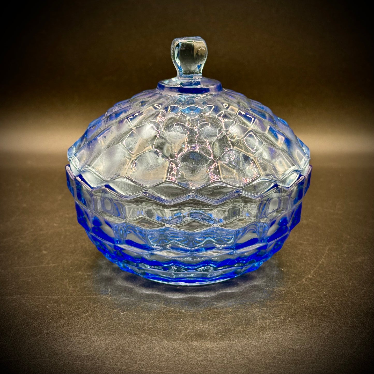 Vintage Fostoria Lidded Cubist Blue Glass Candy Dish