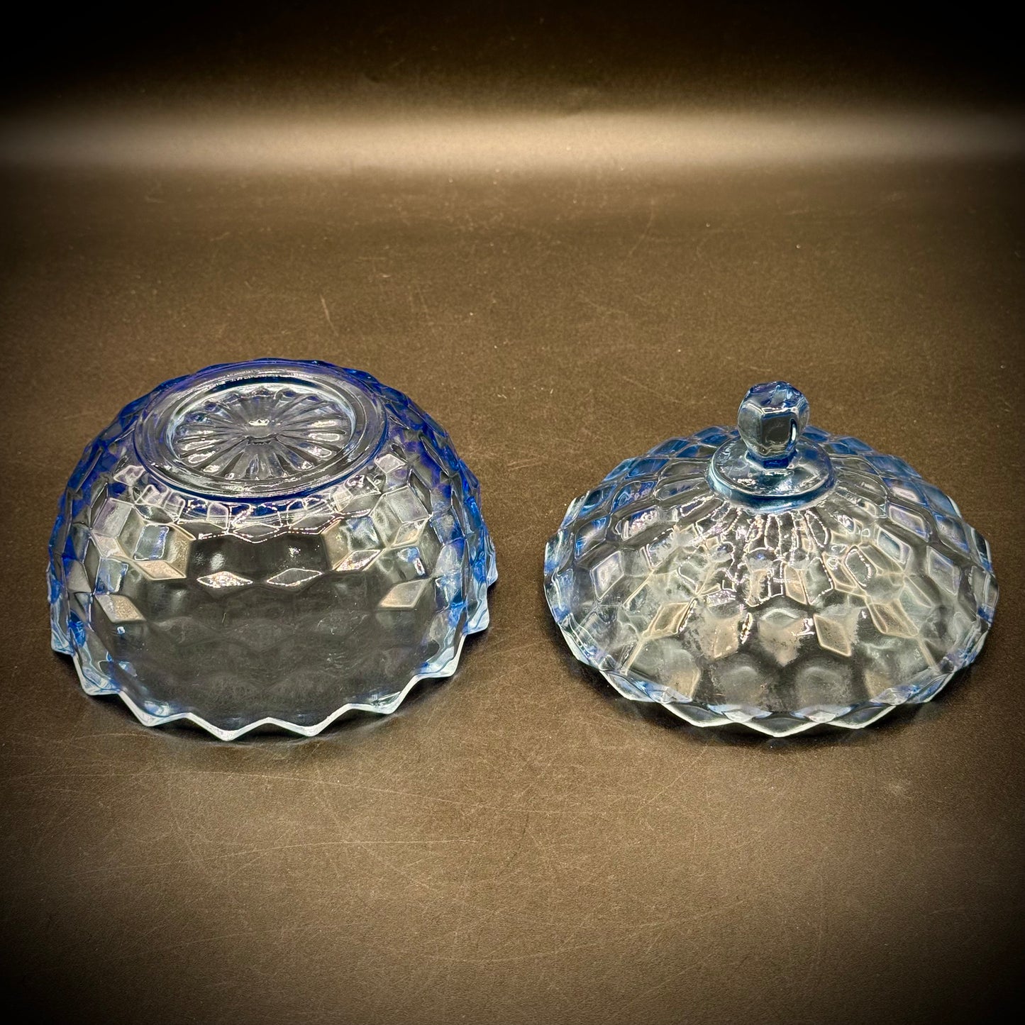 Vintage Fostoria Lidded Cubist Blue Glass Candy Dish