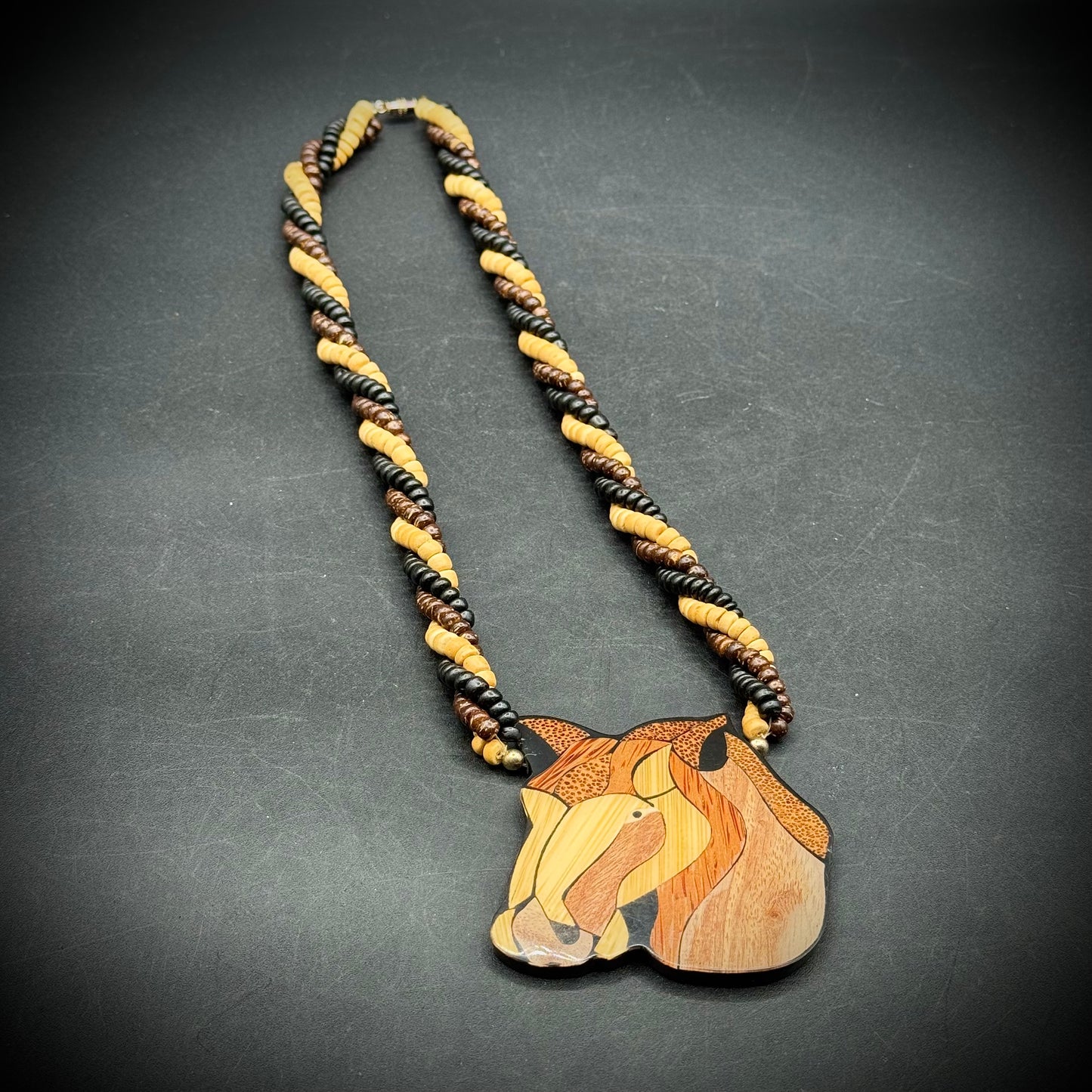 Vintage 1970s Large Wood Artisan Made Horse Pendant with Beaded Necklace