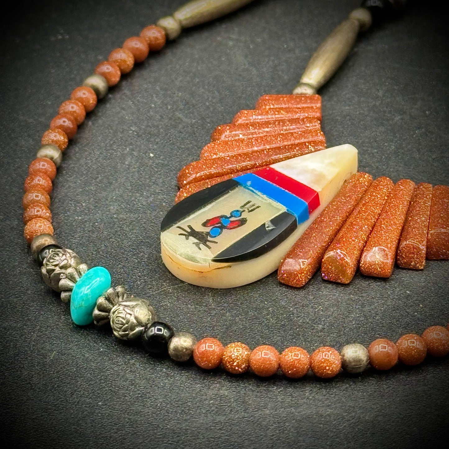 Stunning Native American Two Strand Necklace with Turquoise, Carnelian, Silver, Goldstone & Mother of Pearl