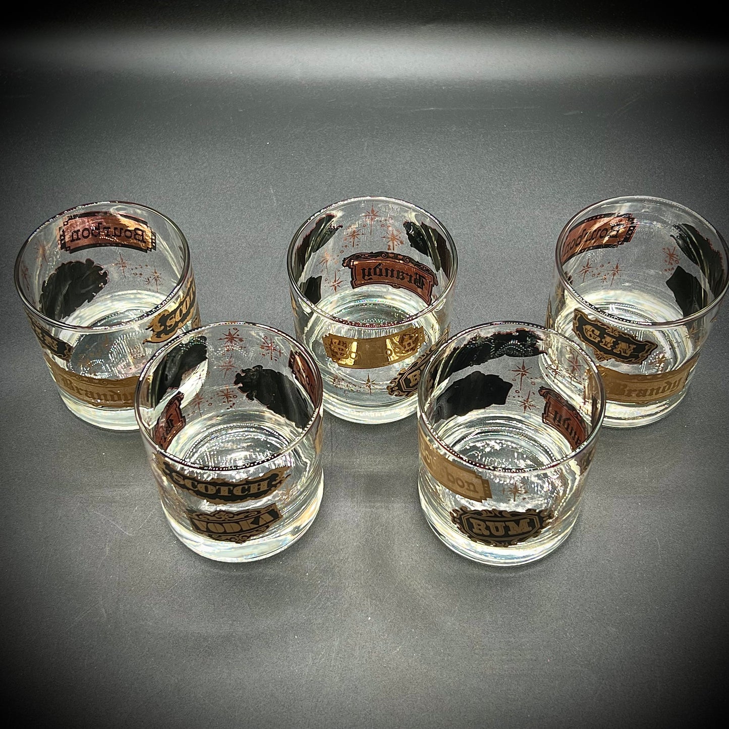 Set of 5 Weighted MCM 22kt Gold Accented Glam Barware Glasses