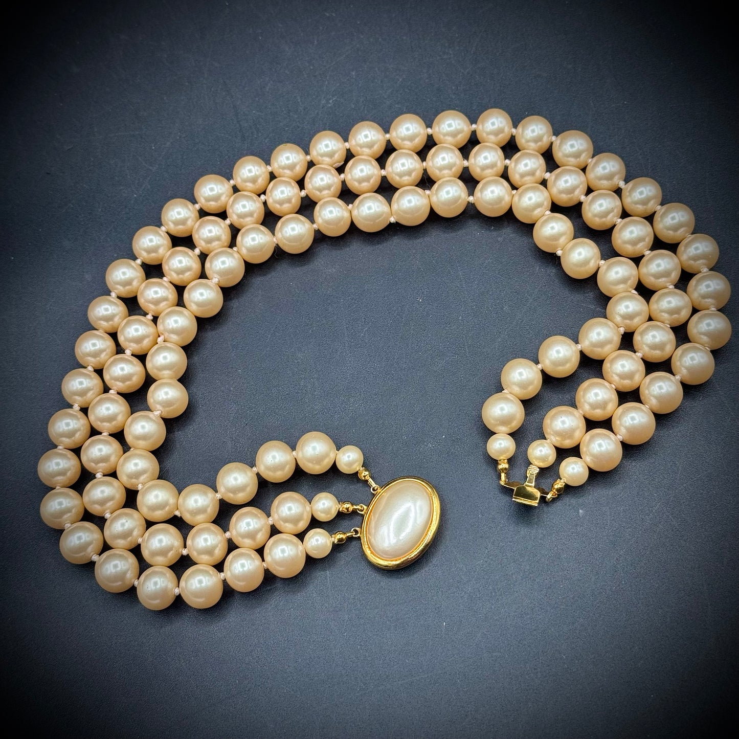 Vintage Three Strand Knotted Pearl Necklace with Ornate Closure