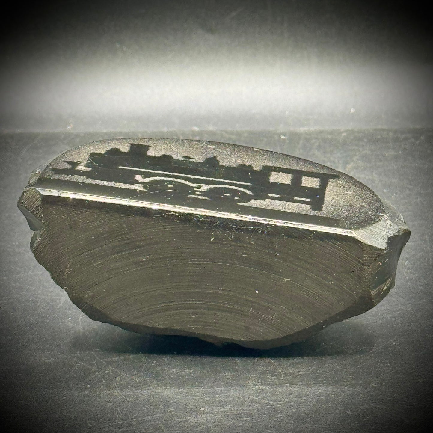 Carved & Etched Coal Railroad Motif Paperweight