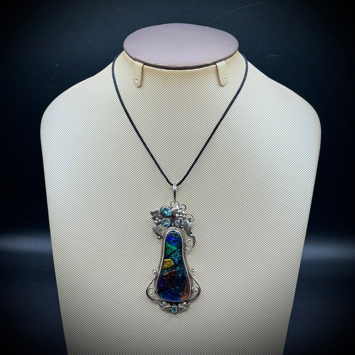 Blue & Aqua Dichroic Glass Pendant on Sterling Silver with Cut Aquamarine Gemstones