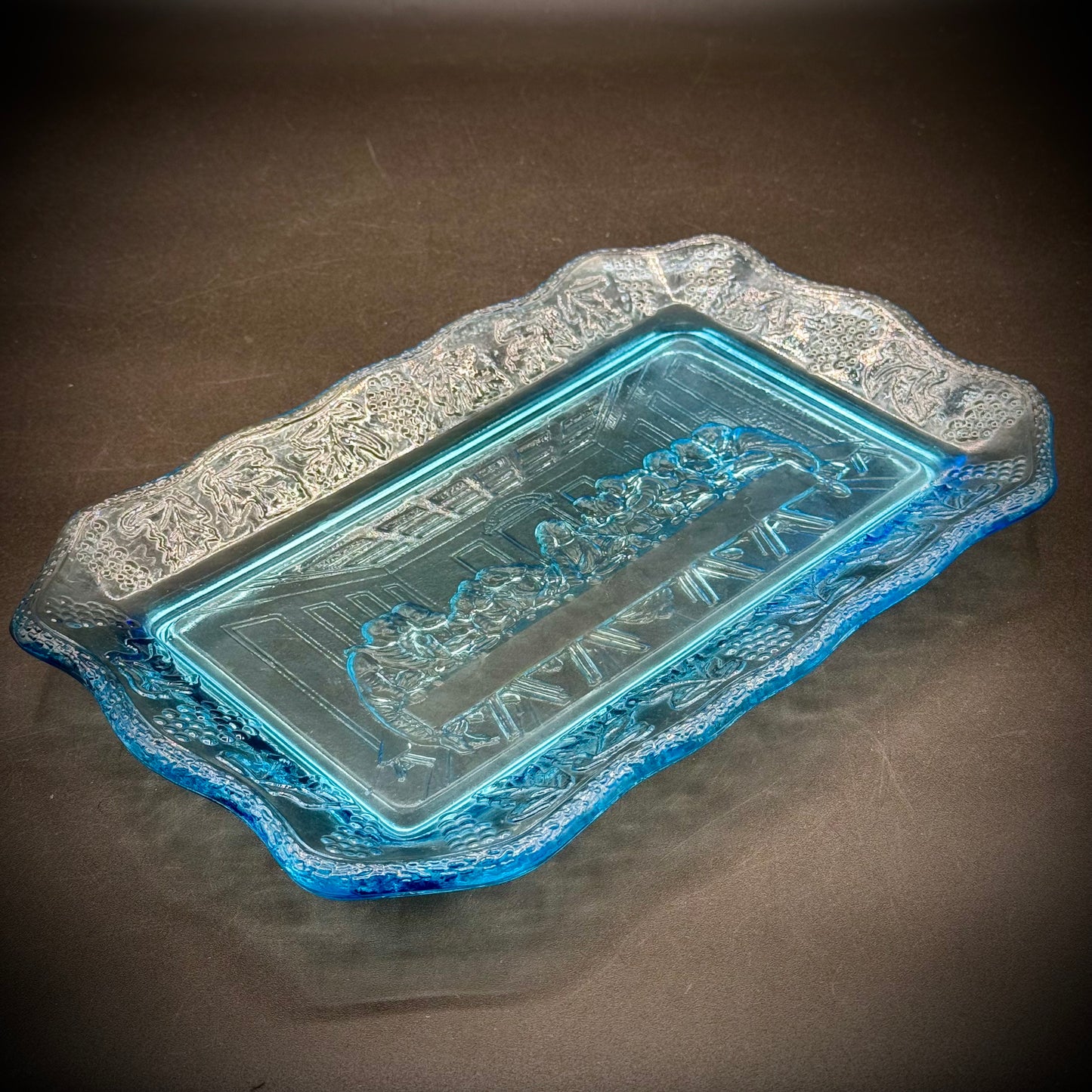 Vintage Indiana Glass Last Supper Blue Tiara Bread Plate