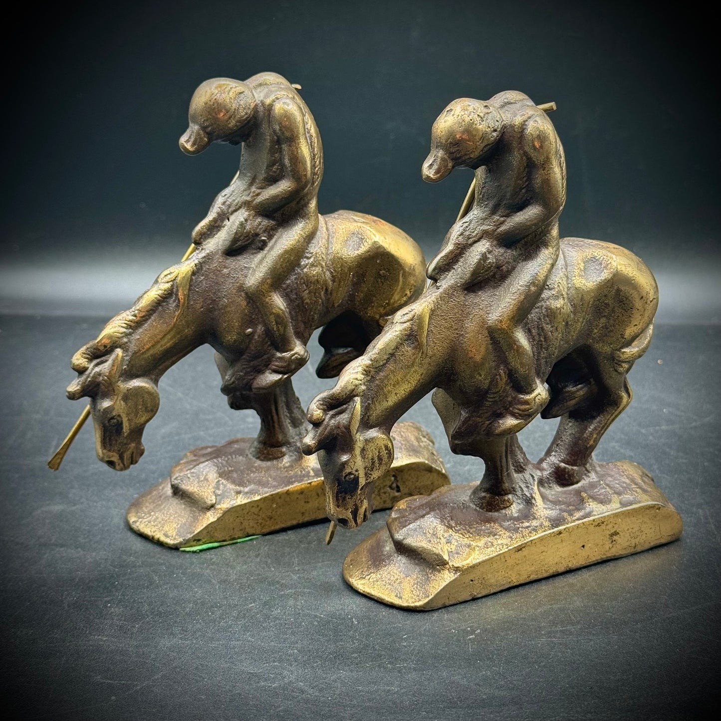 Vintage c. 1960s Heavy Cast Bronze "End of The Trail" Bookends