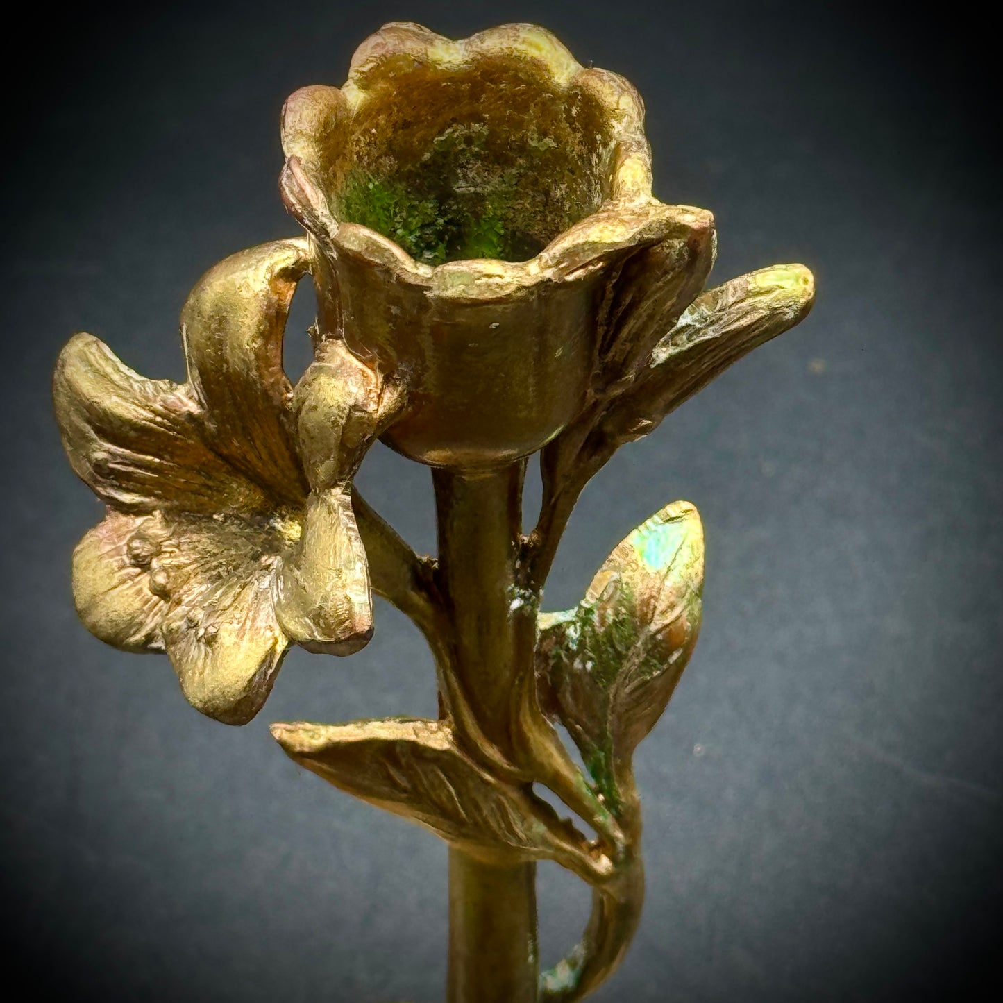 Antique Art Nouveau Gilded Cast Metal Flower Motif Candlestick