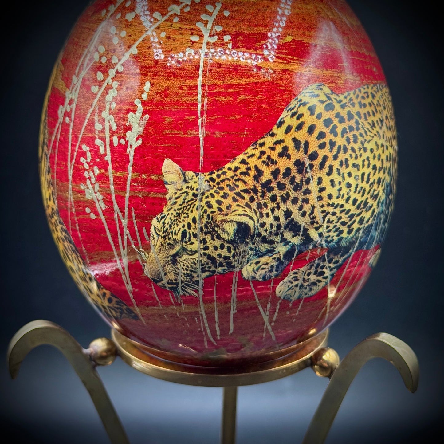 Hand Painted Leopard Motif Egg on Large Brass Base