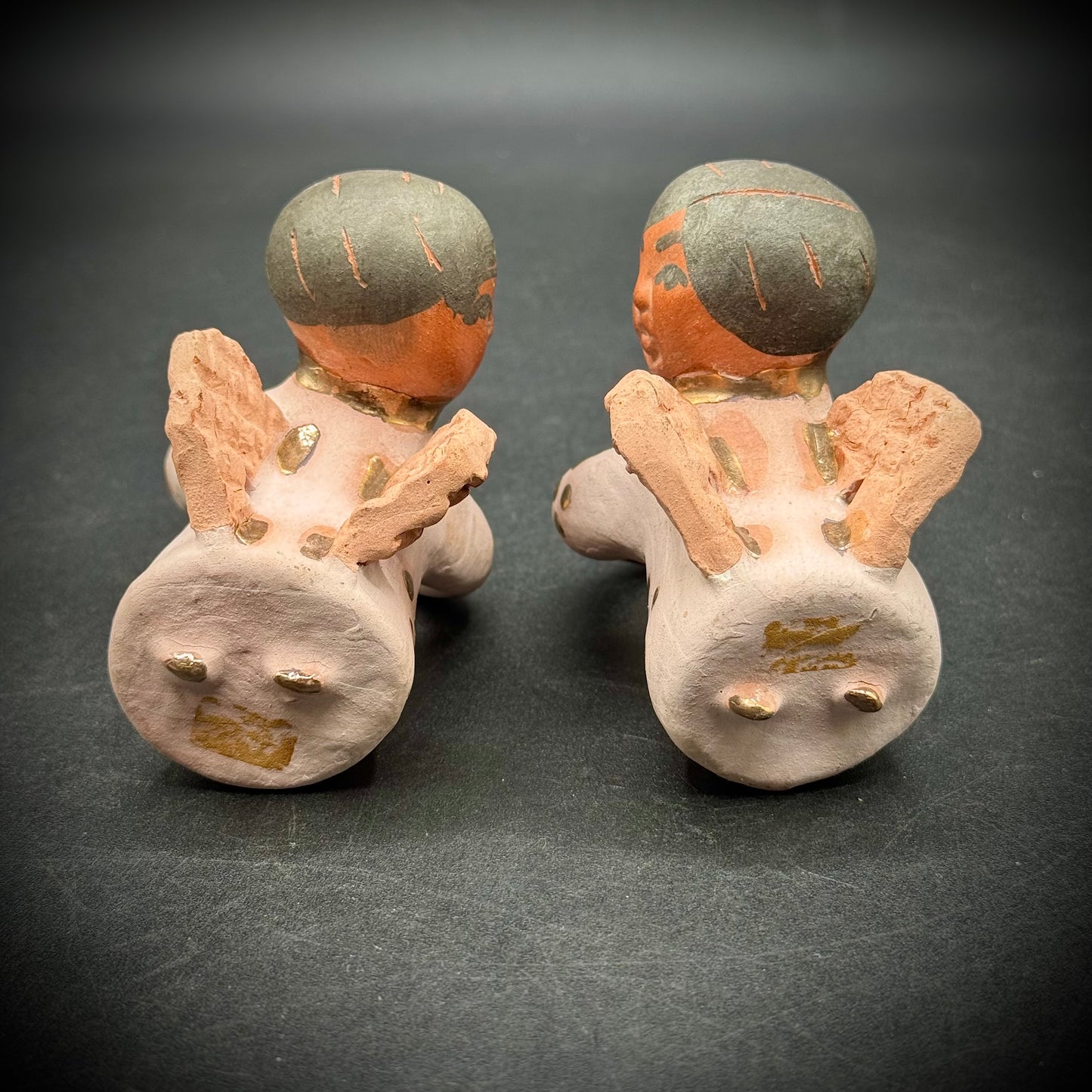 Pair of Hand Made Folk Art Pink Tone Clay Candle Angel Huggers