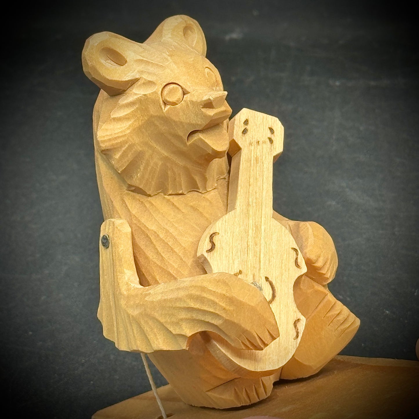 Hand Carved Wooden Bear with Moving Arm & Guitar