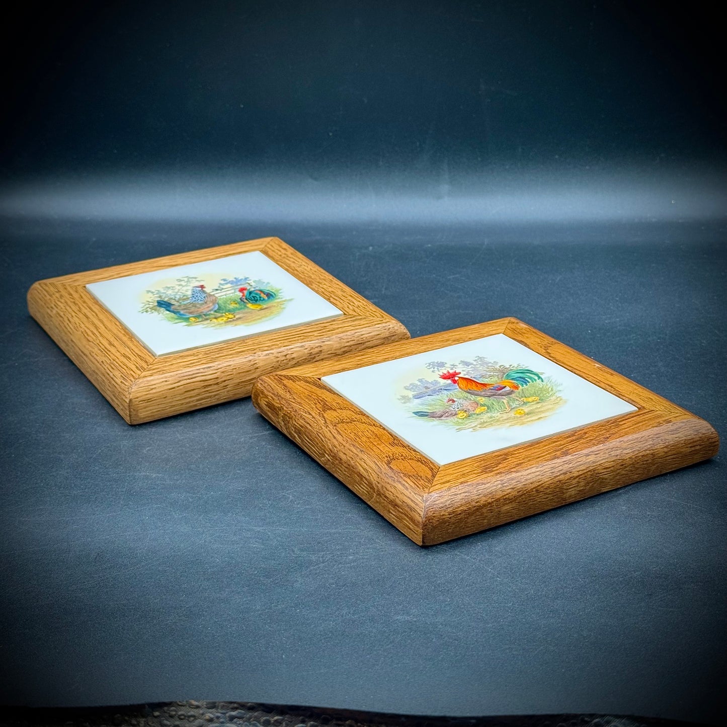 Pair of Vintage Rooster Trivets with Wood Frames