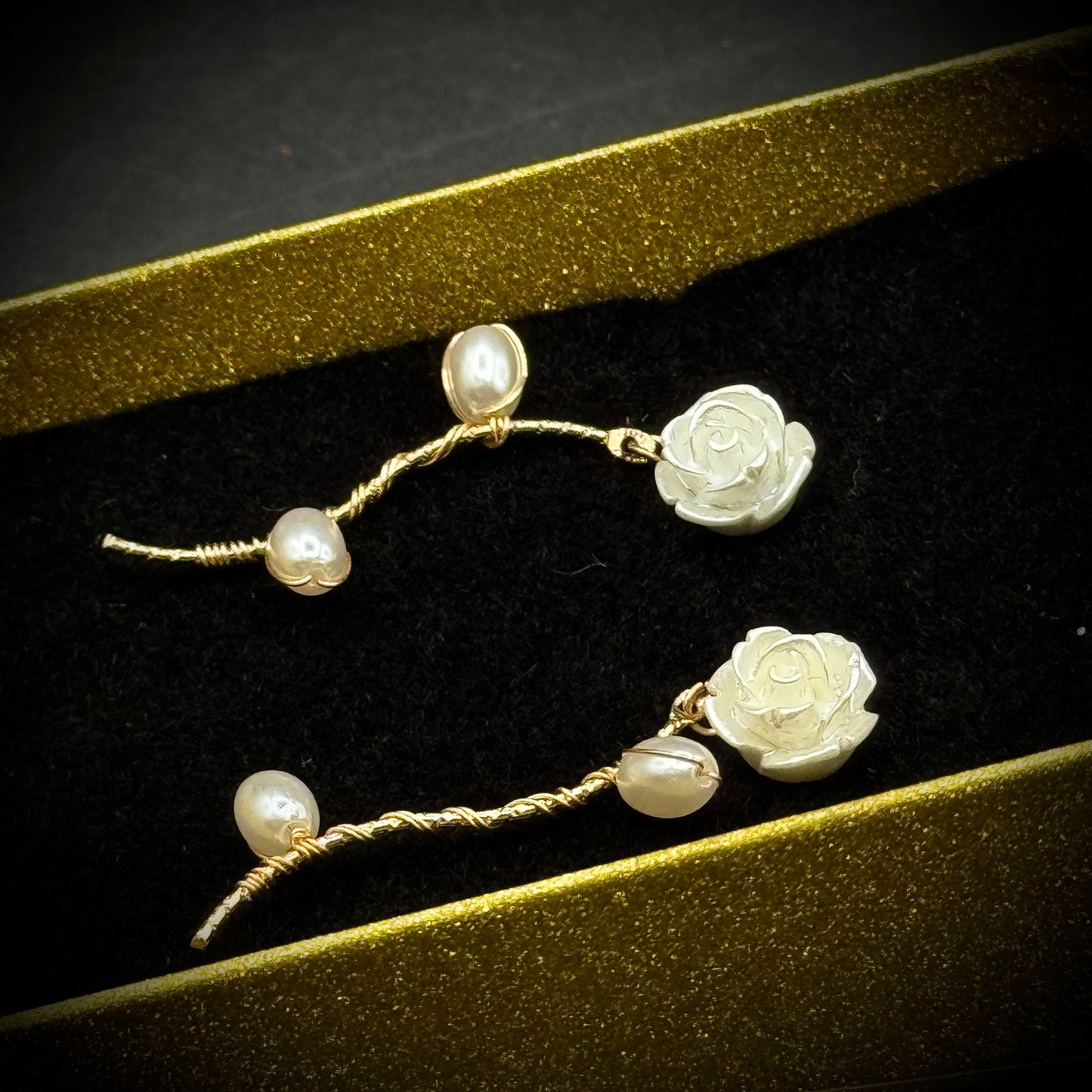 New in Box Carved Roses & Faux Pearl Earrings