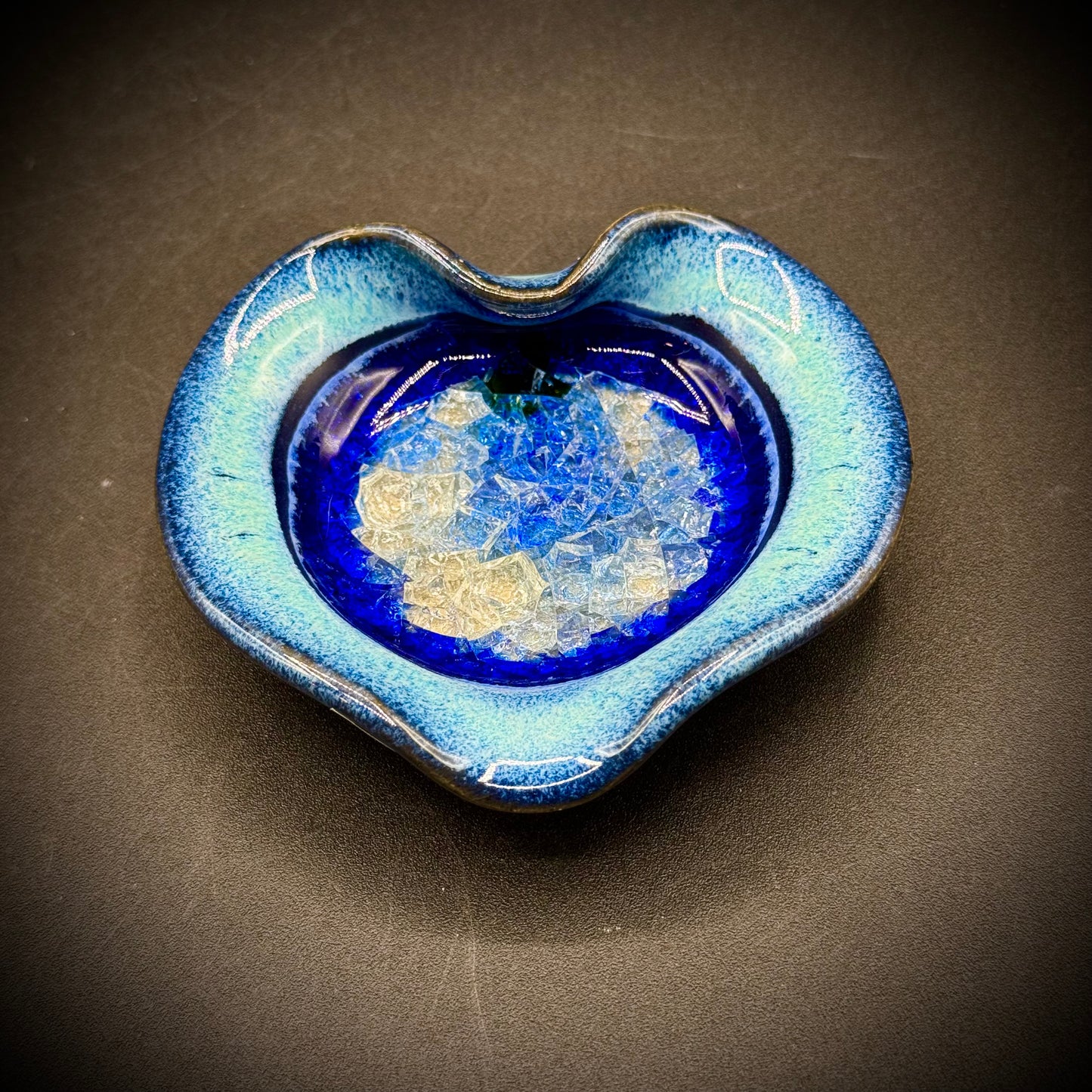Small Blue Crystalline Dish Made in USA