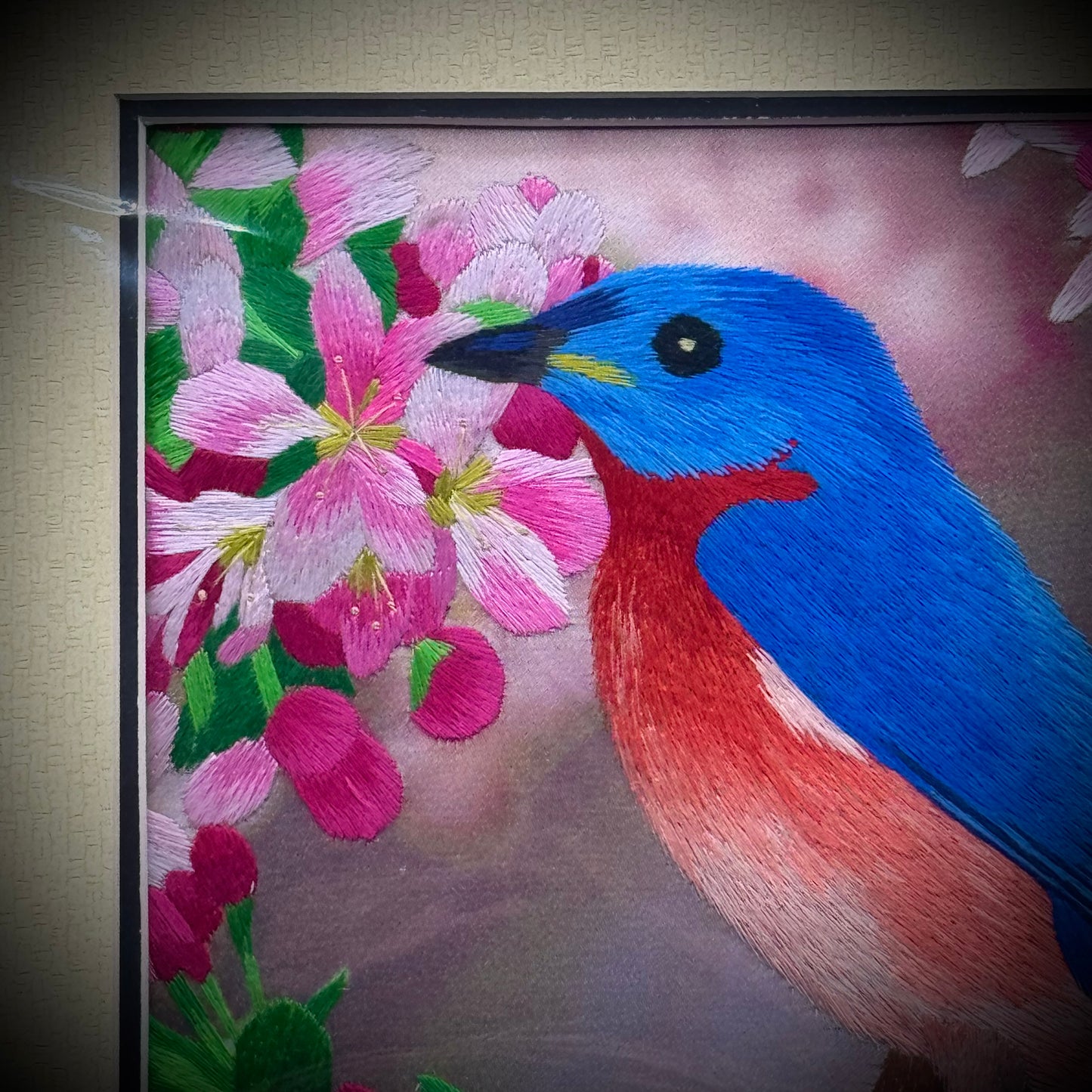 Susho Hand Stitched Silk Bird Art on Matte