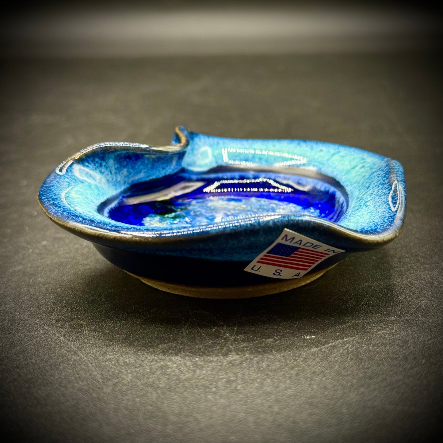 Small Blue Crystalline Dish Made in USA