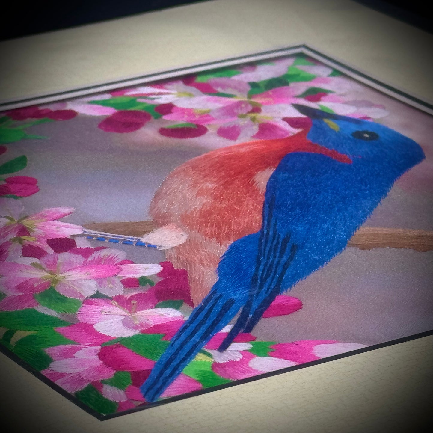 Susho Hand Stitched Silk Bird Art on Matte