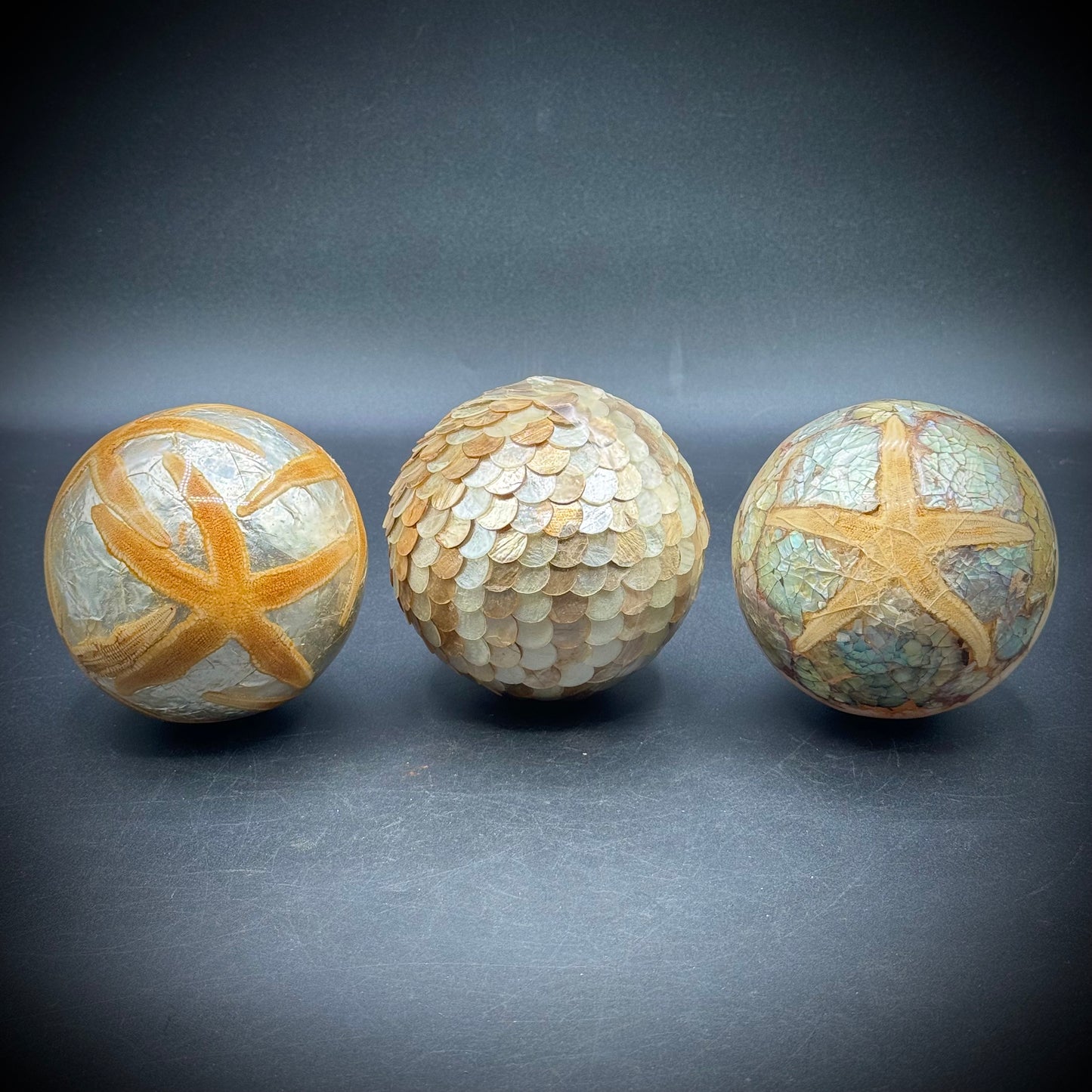 Set of Three Large Inlaid Shell Decorative Balls