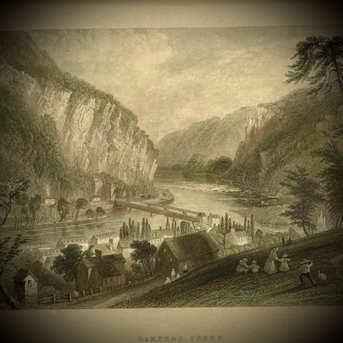 Antique 19th Century Hand Tinted Lithograph "Harper's Ferry" Professionally Framed
