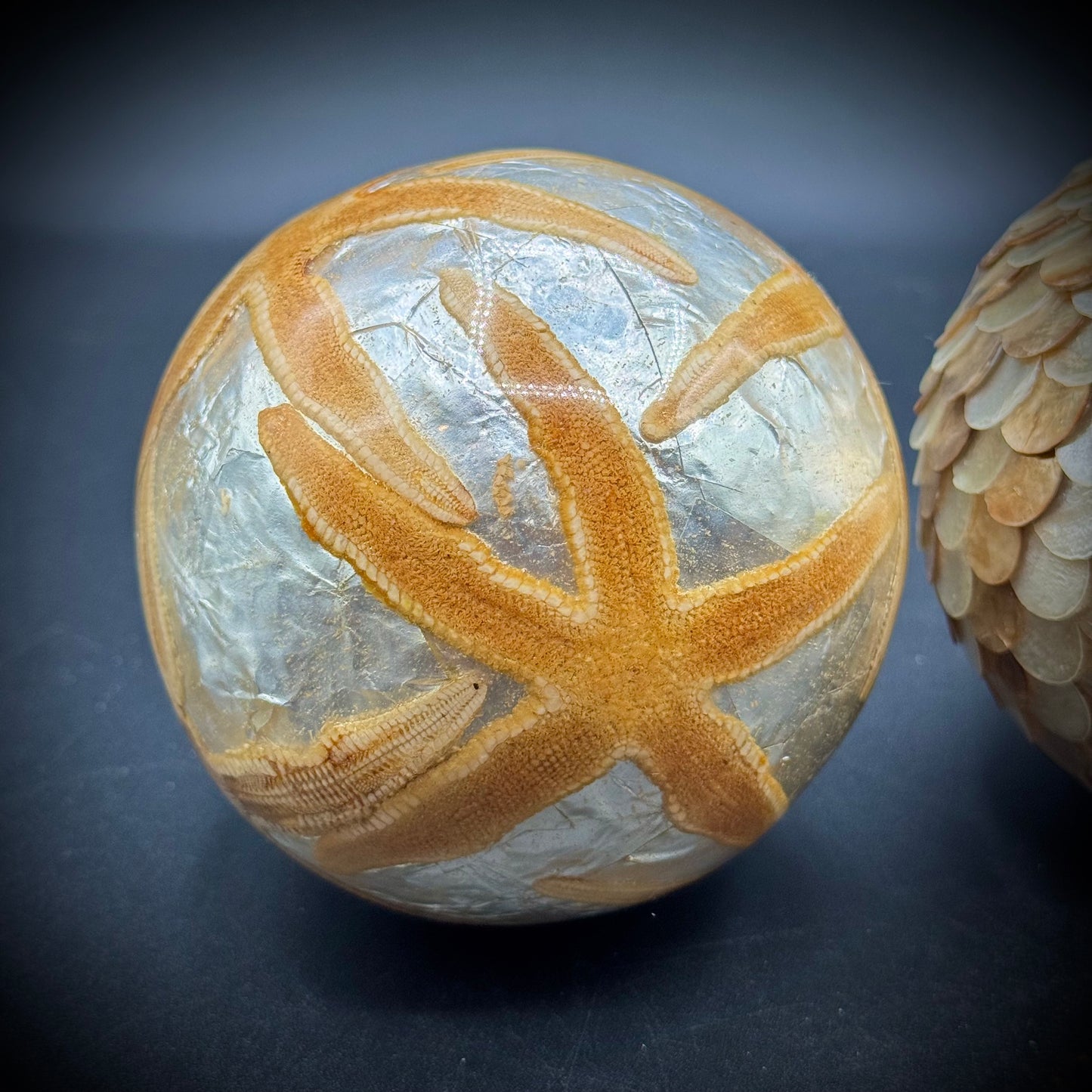 Set of Three Large Inlaid Shell Decorative Balls
