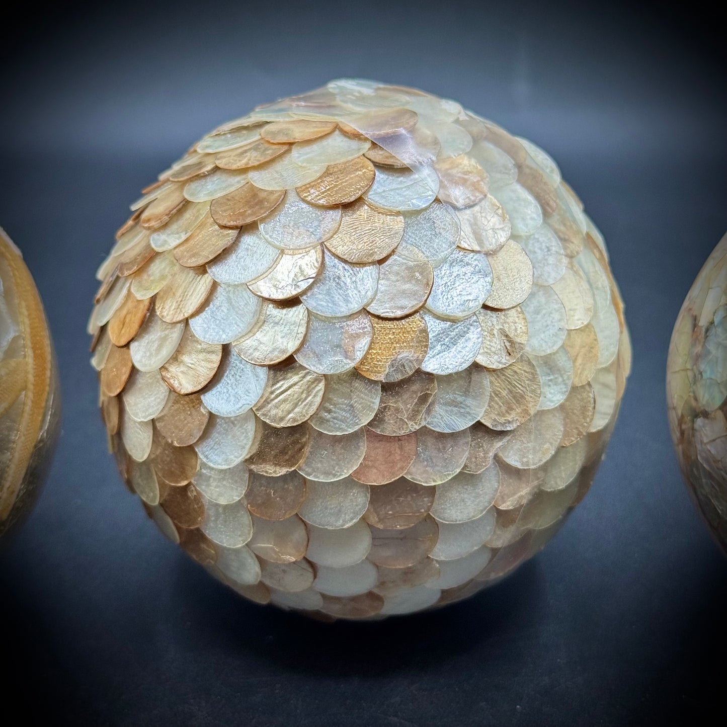 Set of Three Large Inlaid Shell Decorative Balls
