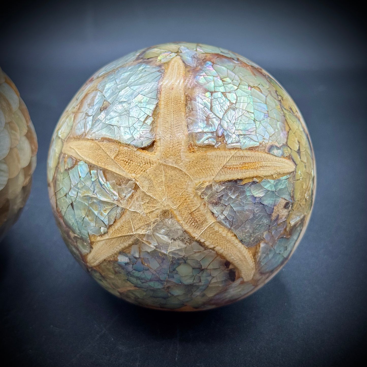 Set of Three Large Inlaid Shell Decorative Balls