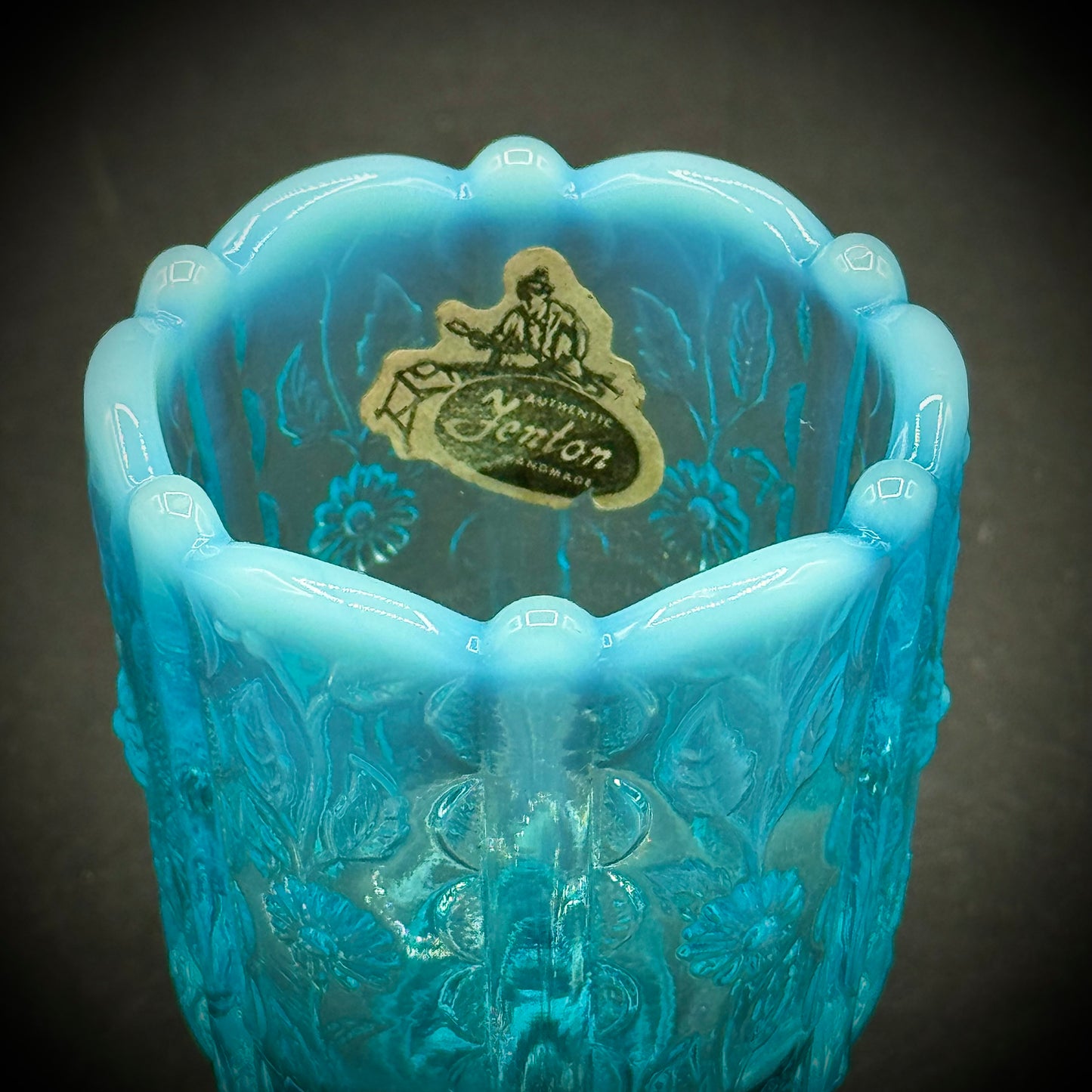 Vintage Blue Fenton Toothpick Holder with Original Label