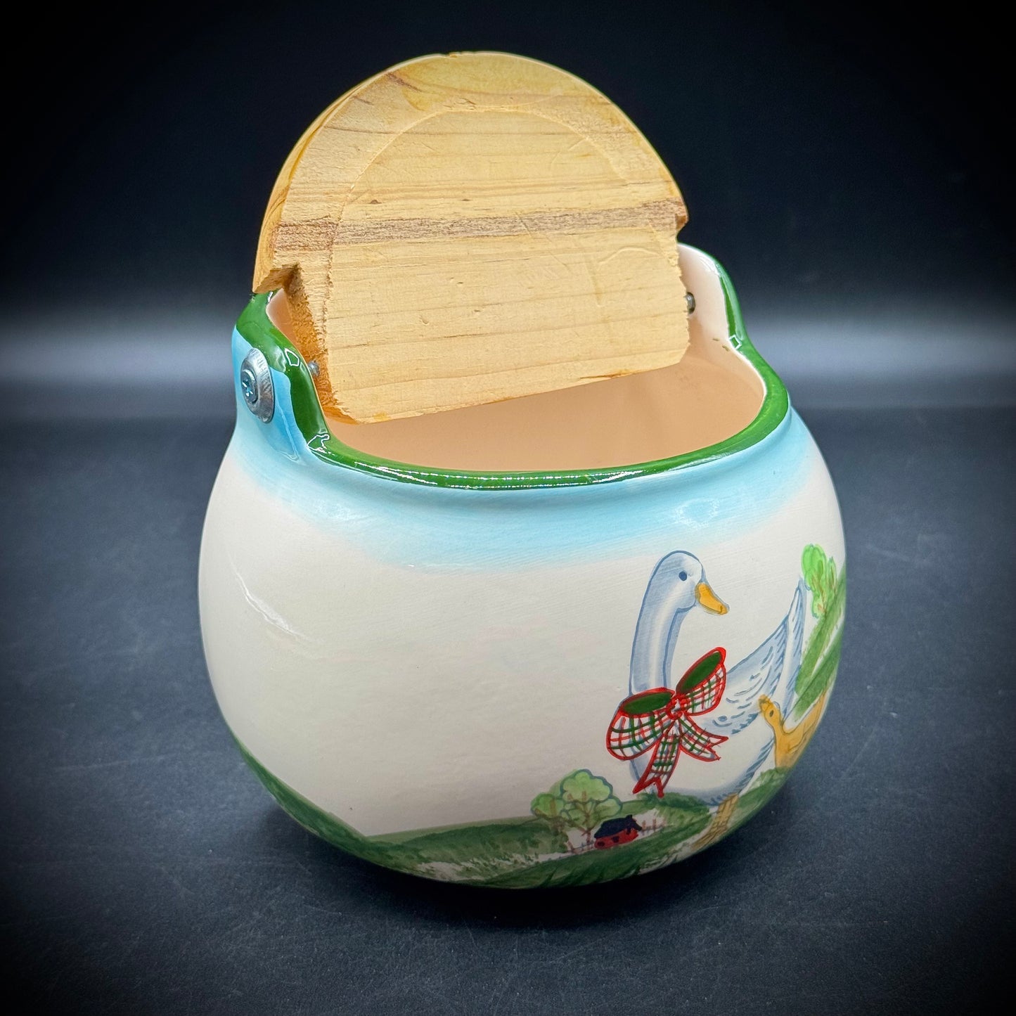 Hand Painted Goose Motif Ceramic & Wood Salt Box
