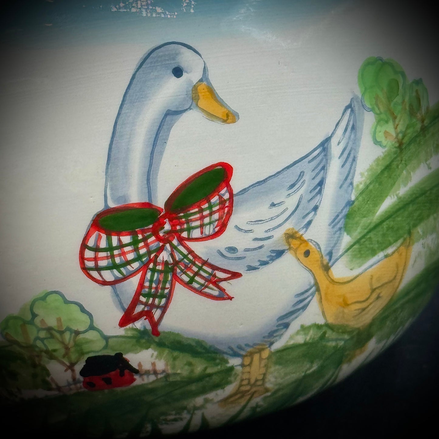 Hand Painted Goose Motif Ceramic & Wood Salt Box