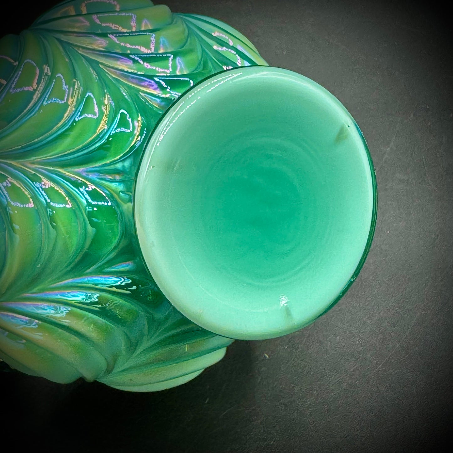 Vintage Fenton 95th Anniversary Green Iridescent Overlay Draped Pitcher