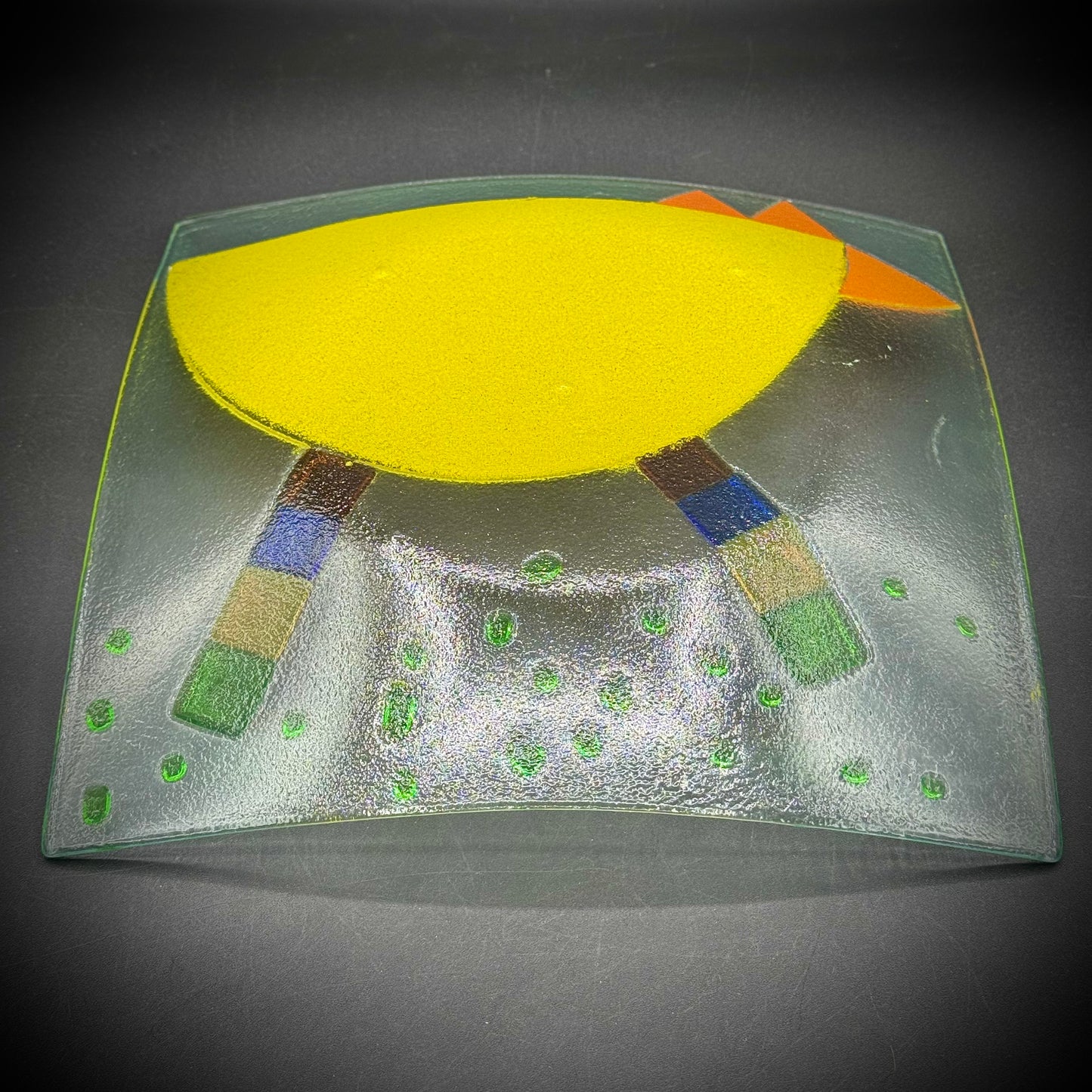 Fused Art Glass Convex Dish with Chicken Motif