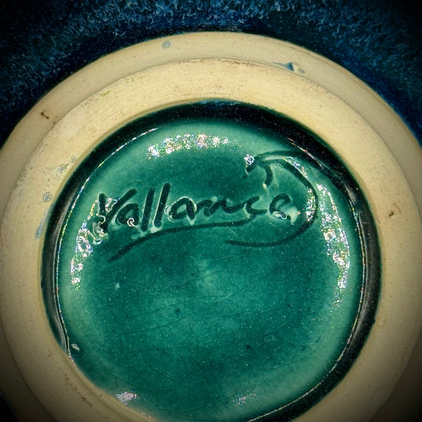 Artist Signed Blue Green Ceramic Bowl