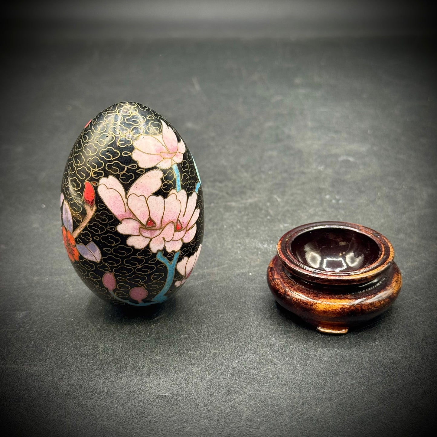 Cloisonné Egg with Bird & Flower Motif on Wood Base