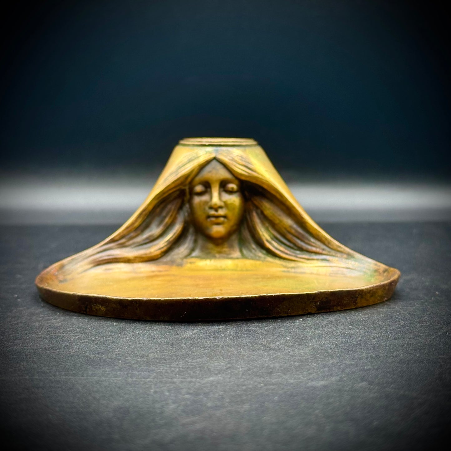 Stunning Antique Art Nouveau Bronze Ink Well with Beautiful Woman's Face