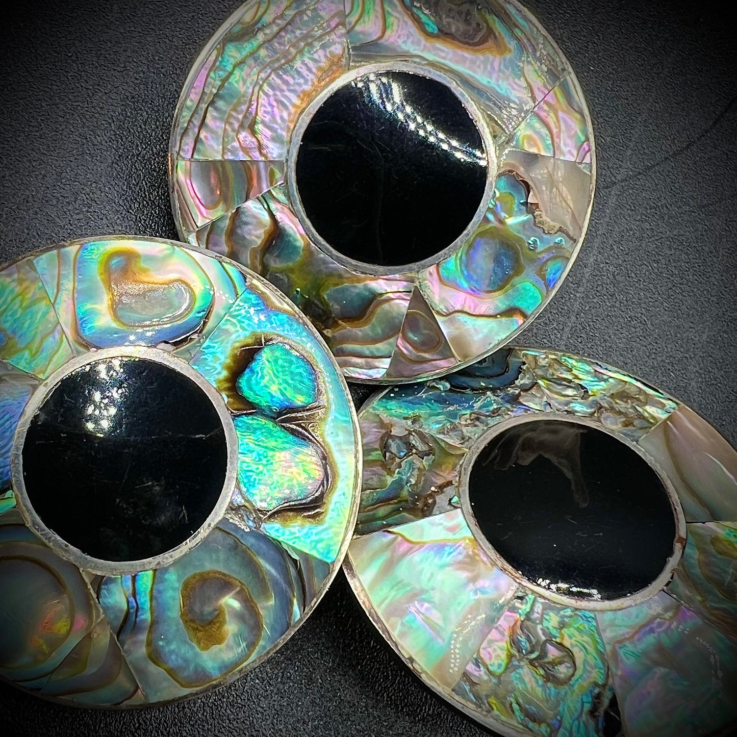 3-Piece Set of Abalone, Black Onyx & Alpaca Silver Earrings & Brooch/Pendant Signed Tequila