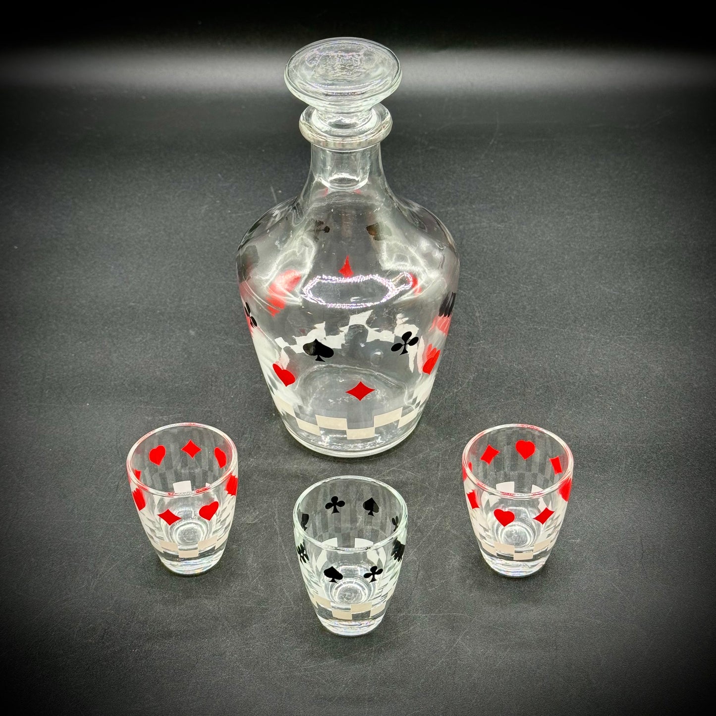 Vintage Made in France Playing Card Motif Lidded Decanter and 3 Shot Glasses