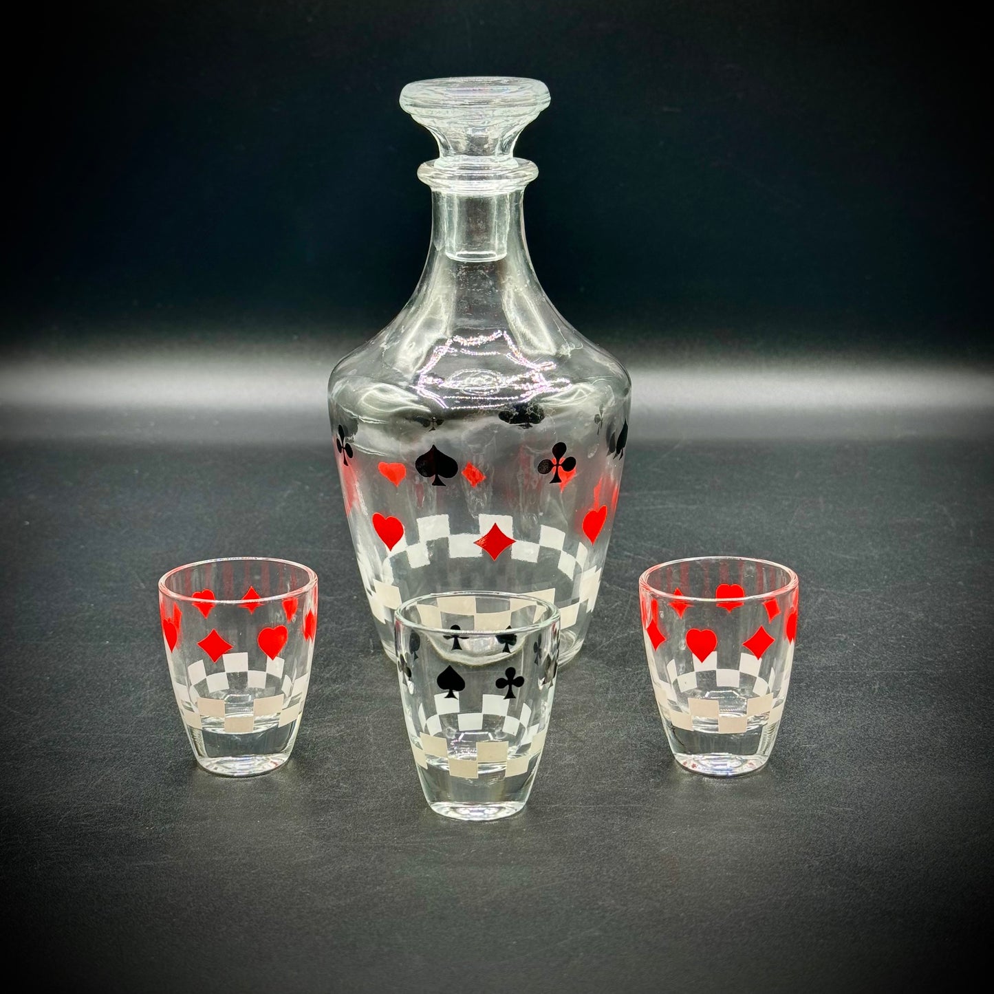 Vintage Made in France Playing Card Motif Lidded Decanter and 3 Shot Glasses