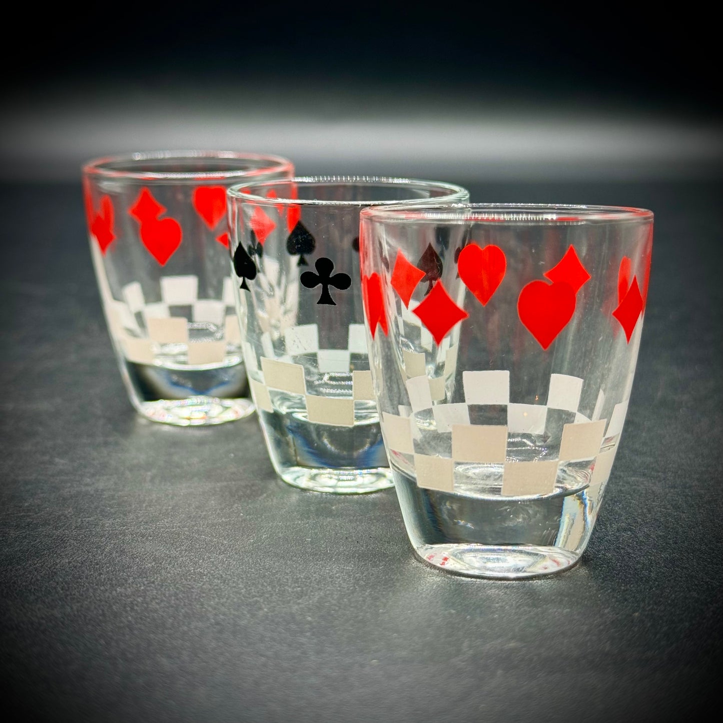 Vintage Made in France Playing Card Motif Lidded Decanter and 3 Shot Glasses