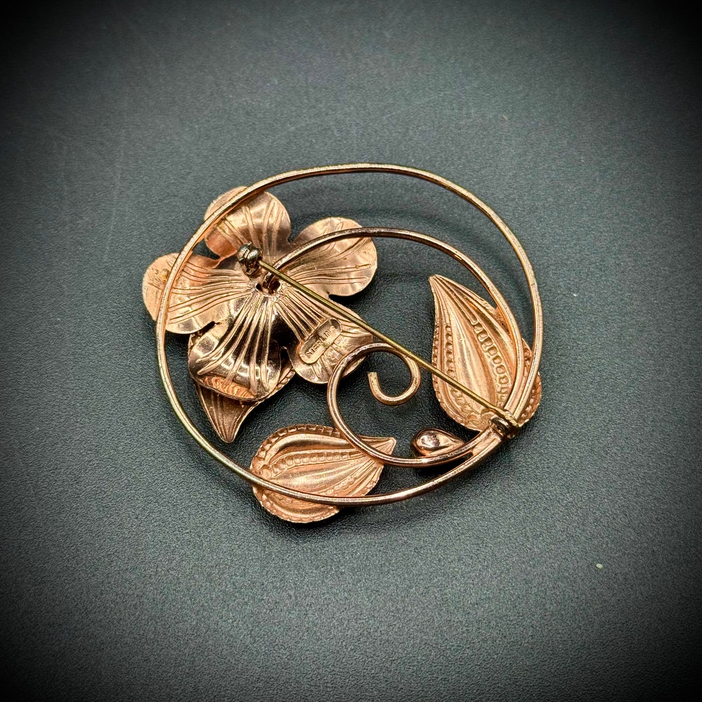 Vintage Sterling Silver Gold Wash Flower Brooch w/Blue Rhinestones