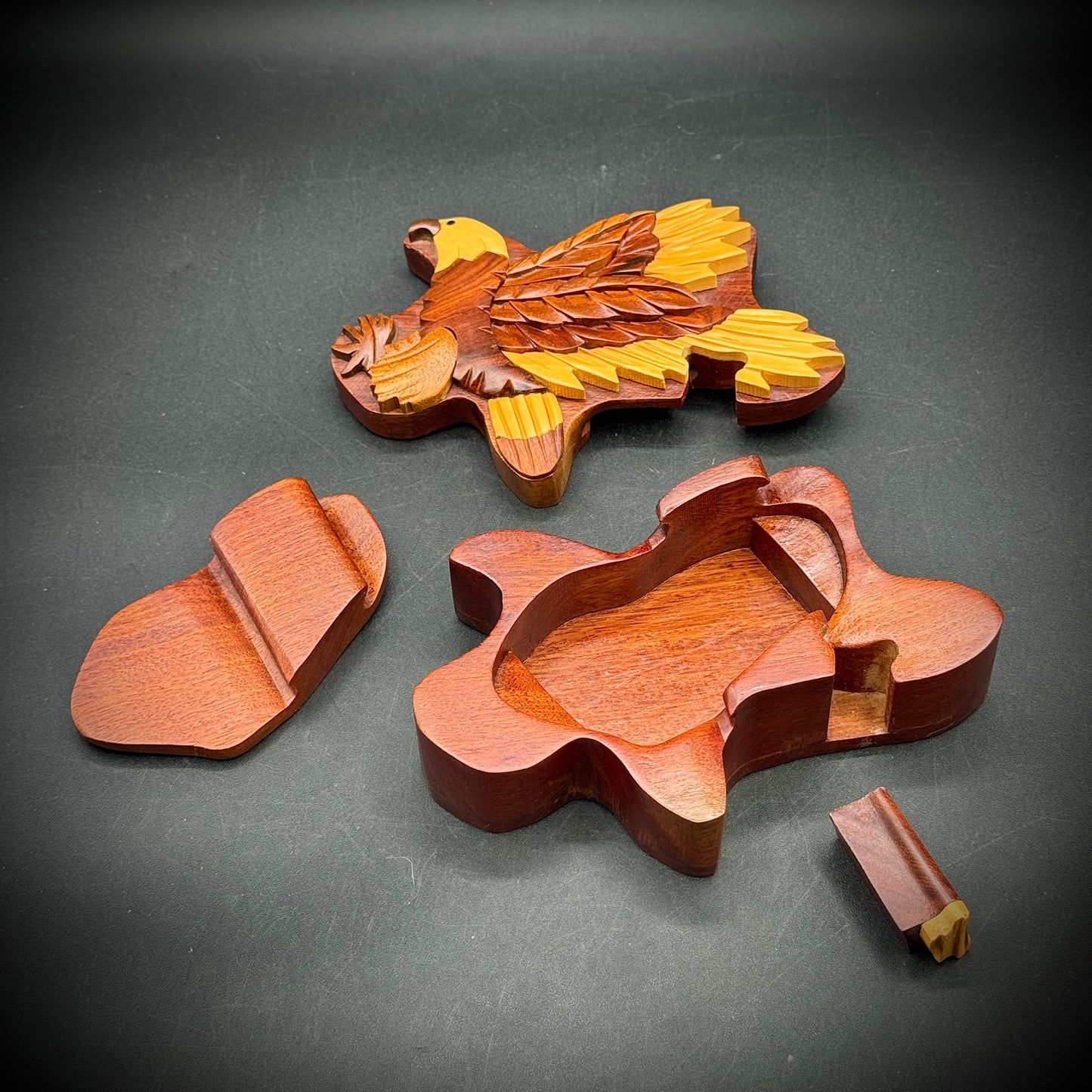 Carved Wood American Bald Eagle Puzzle Box