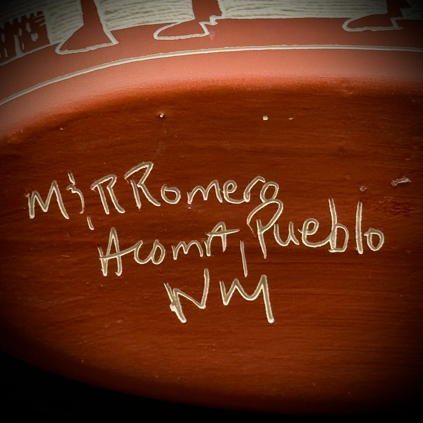 Native American Etched Pottery Vase by M & R Romero, Acoma Pueblo