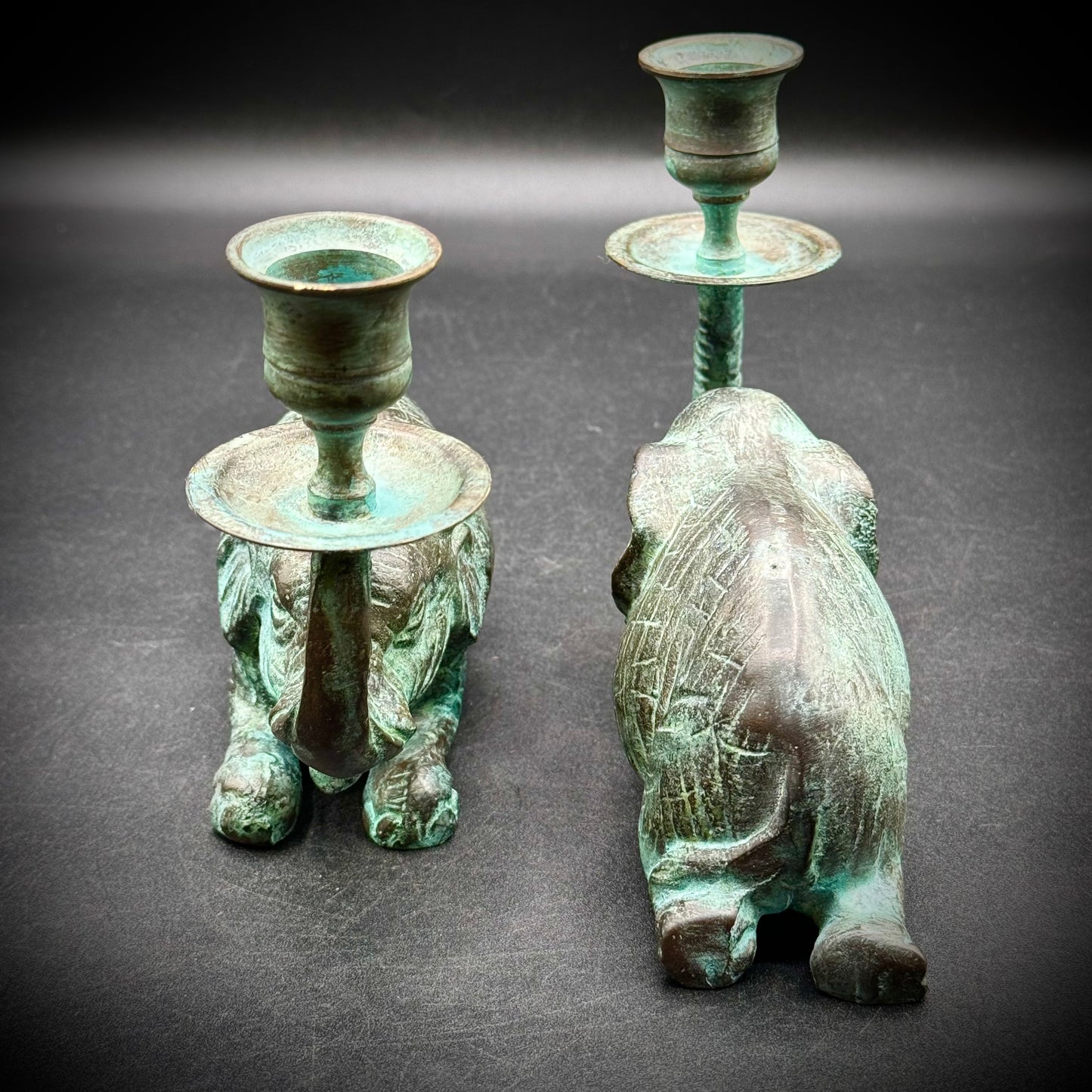 Pair of Vintage OLEE Korea Patenated Metal Elephant Candle Holders