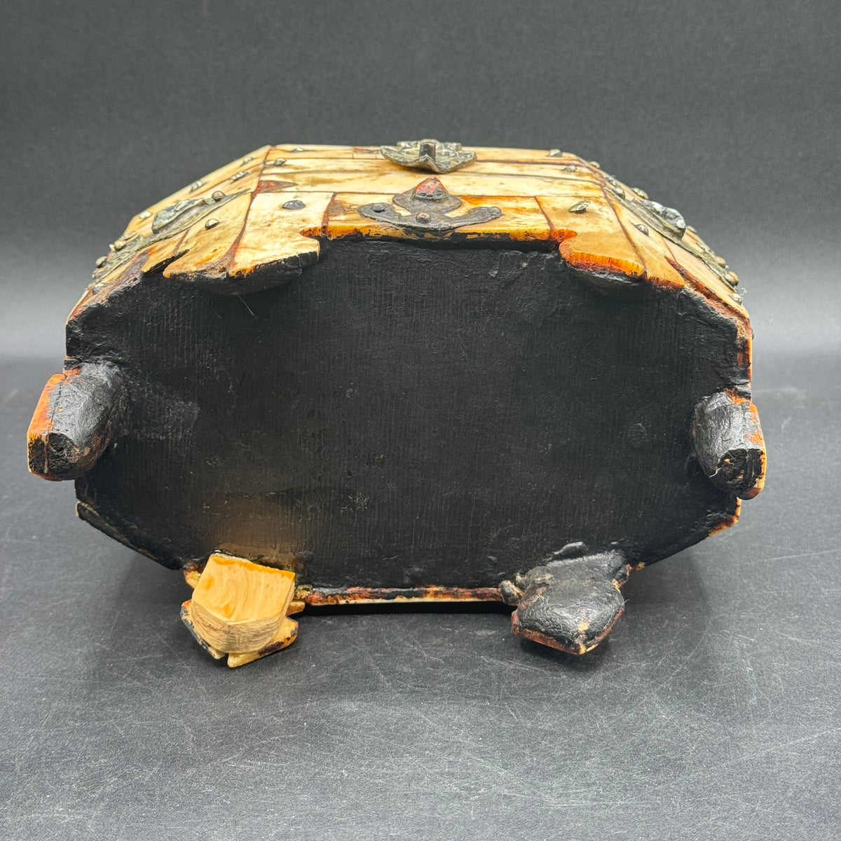 Antique Carved Bone, Metal & Set w/Natural Stones Lidded Box