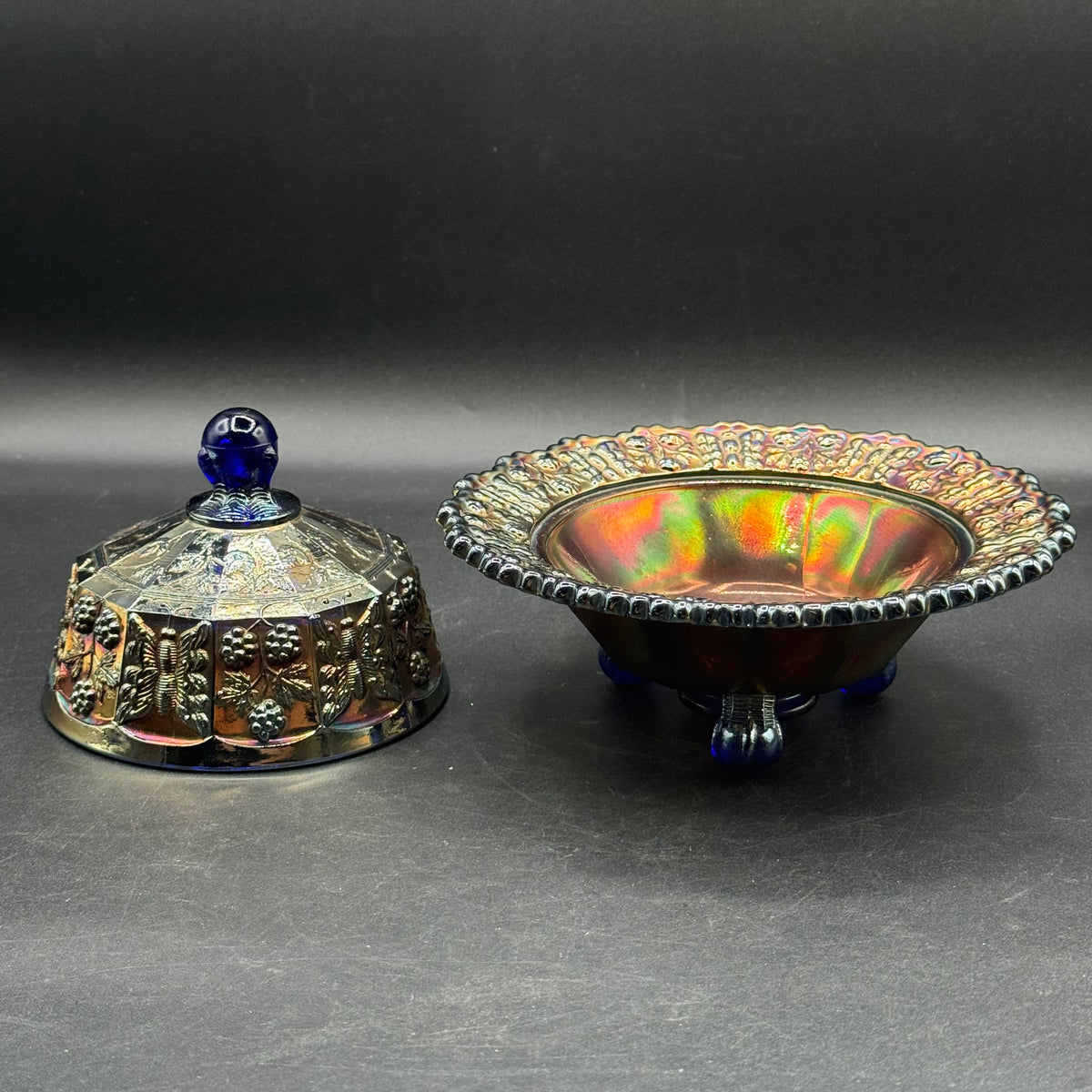 Antique Fenton Butterfly and Berry Carnival Glass Lidded Bowl