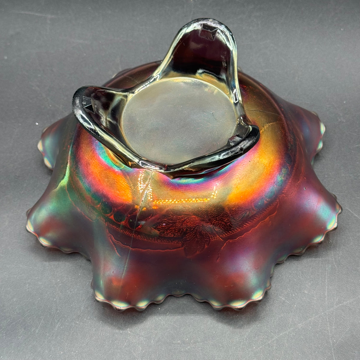 Vintage Fenton Carnival Glass Grape & Cable Footed Ruffled Bowl